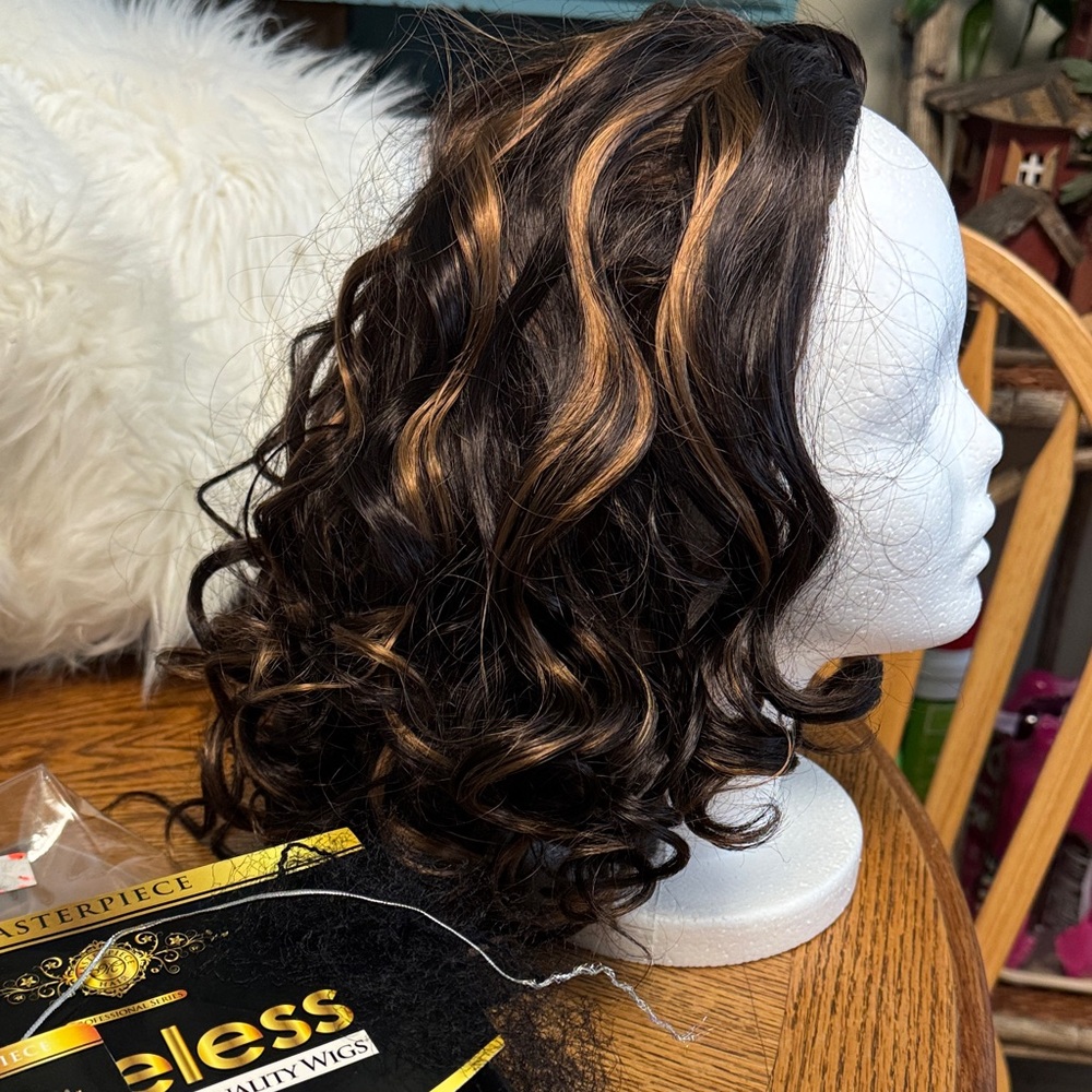 TIMELESS NWT Brown Curly HIGHLIGHT ANGLED MIDLENGTH Hairpiece wig